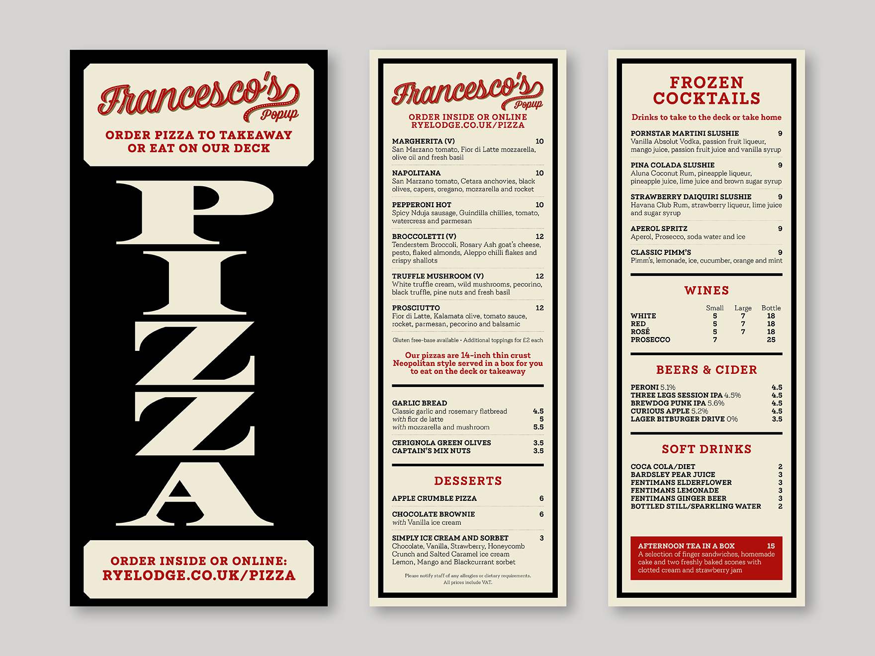 Pizza and drinks menu and pizza sign for the Rye Lodge