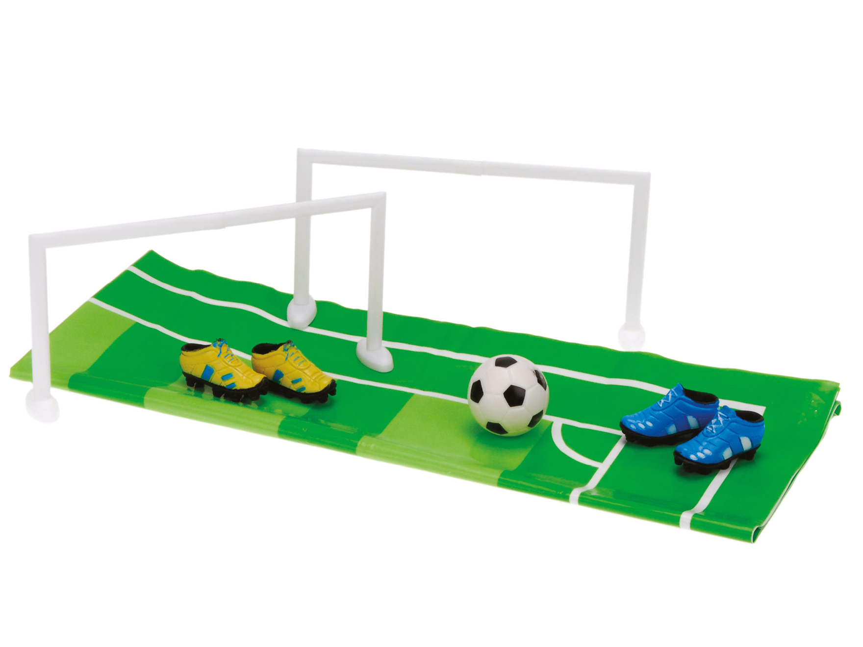 Contents of the Finger Football Mini Kit showing goal post, finger boots and game mat