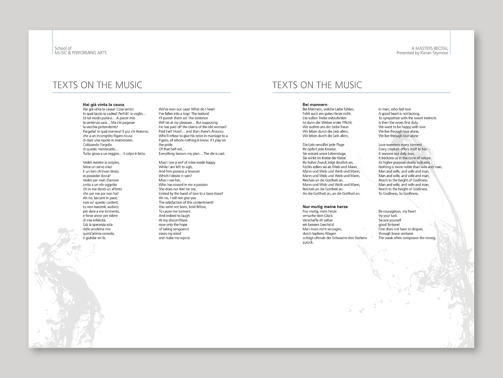 Inside typeset pages from a music programme