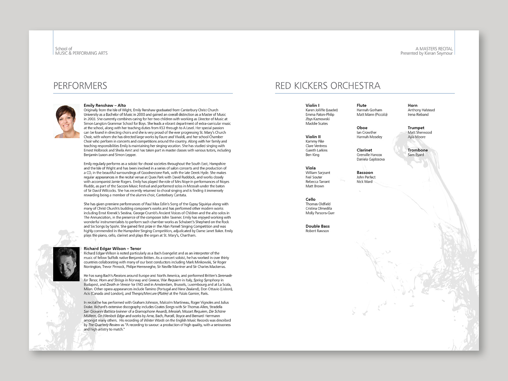 Inside typeset pages from a music programme